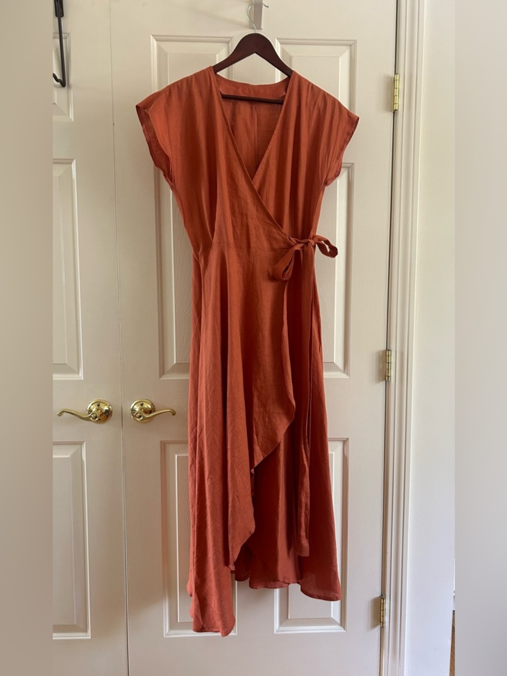 Linen Wrap Midi Dress with Tie Waist